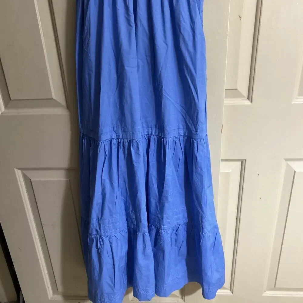 J Crew Vintage Rib High-Neck Cutaway Tank Dress with Poplin Skirt Blue Sz S